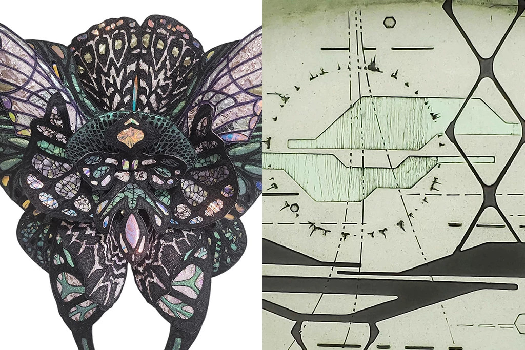 Two images of artwork. The first an abstract work of art that is reminiscent of wings and a flower. The second artwork is abstract as well and reminiscent of hardware and digital components.