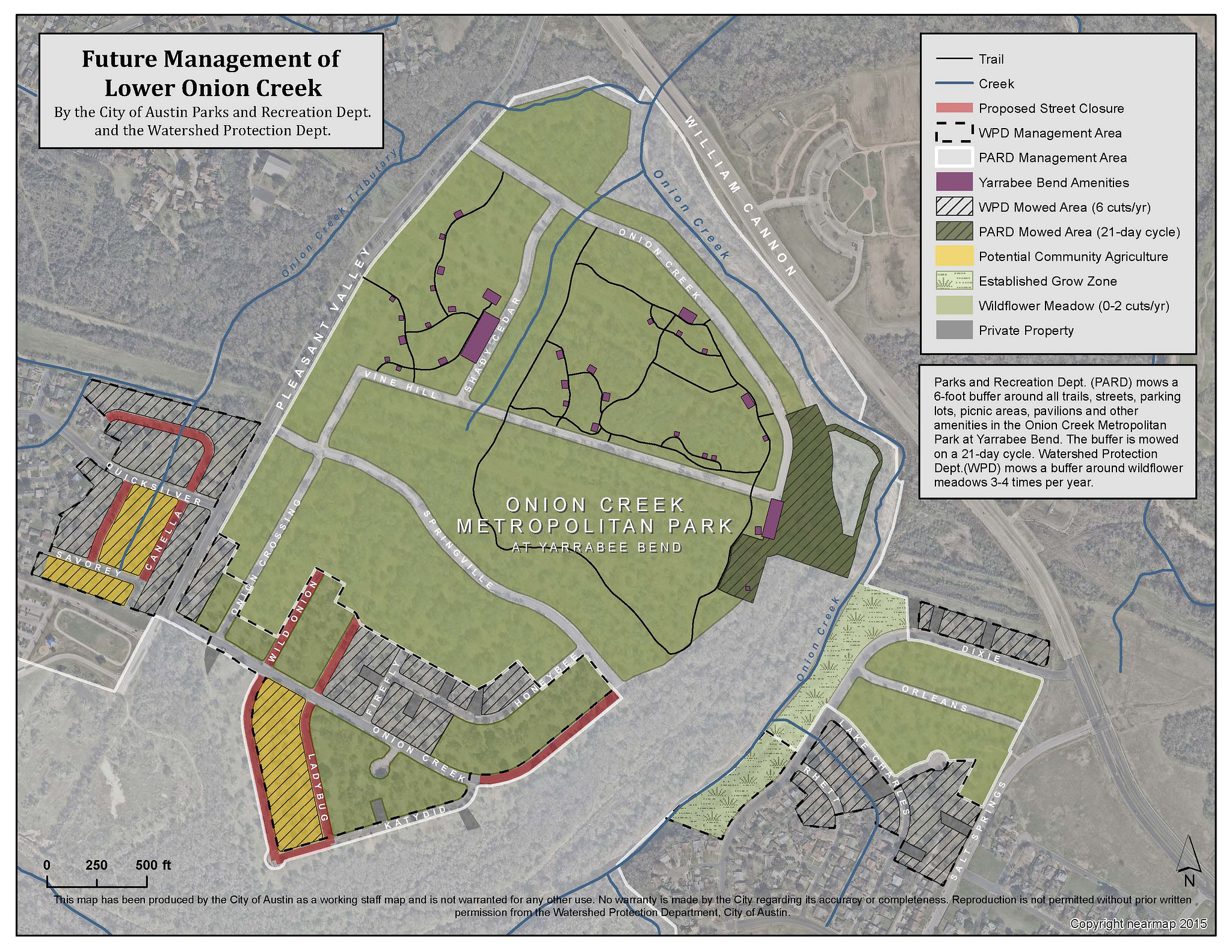 Much of the park is wildflower meadow, mowed up to two times per year. There is a section mowed by Parks and Recreation on a 21 day cycle near the playground and off-leash area as well as private property and sections mowed by Austin Watershed Protection.
