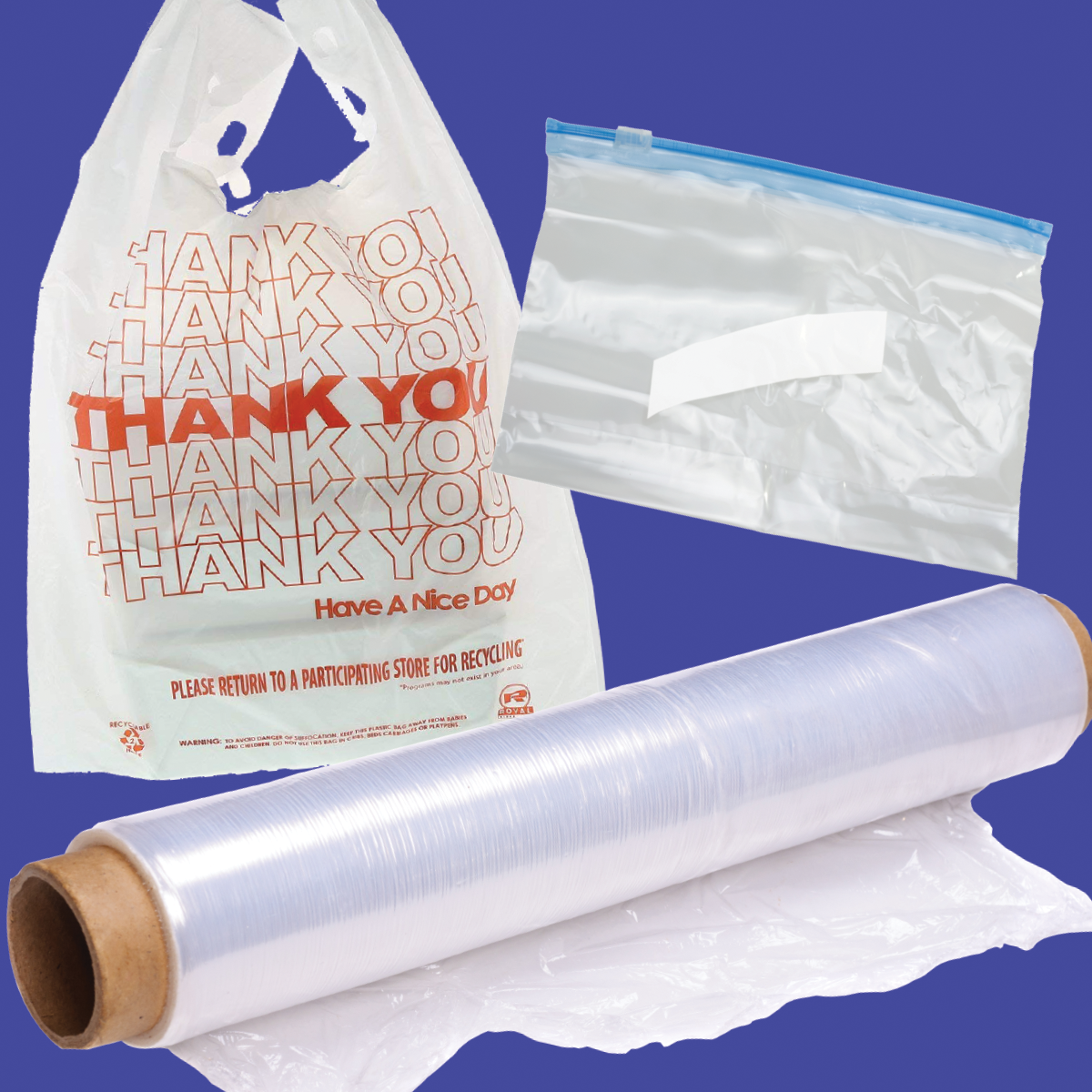 A graphic showing stretchy plastic items that can be recycled.