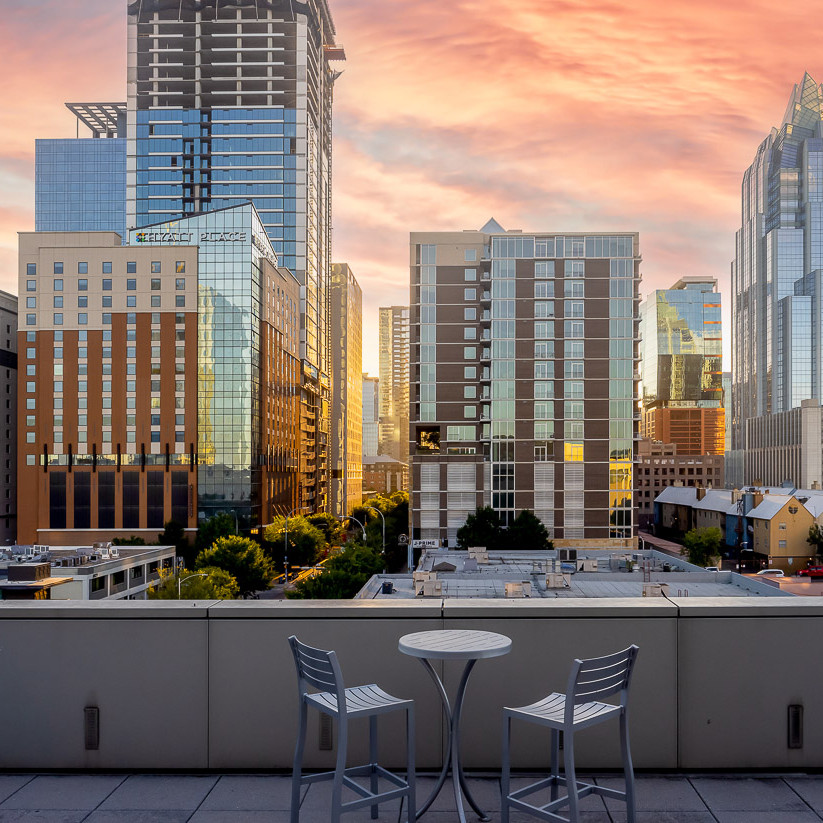 Image of the Austin skyline showcasing hotels from the Austin Convention Center terrace