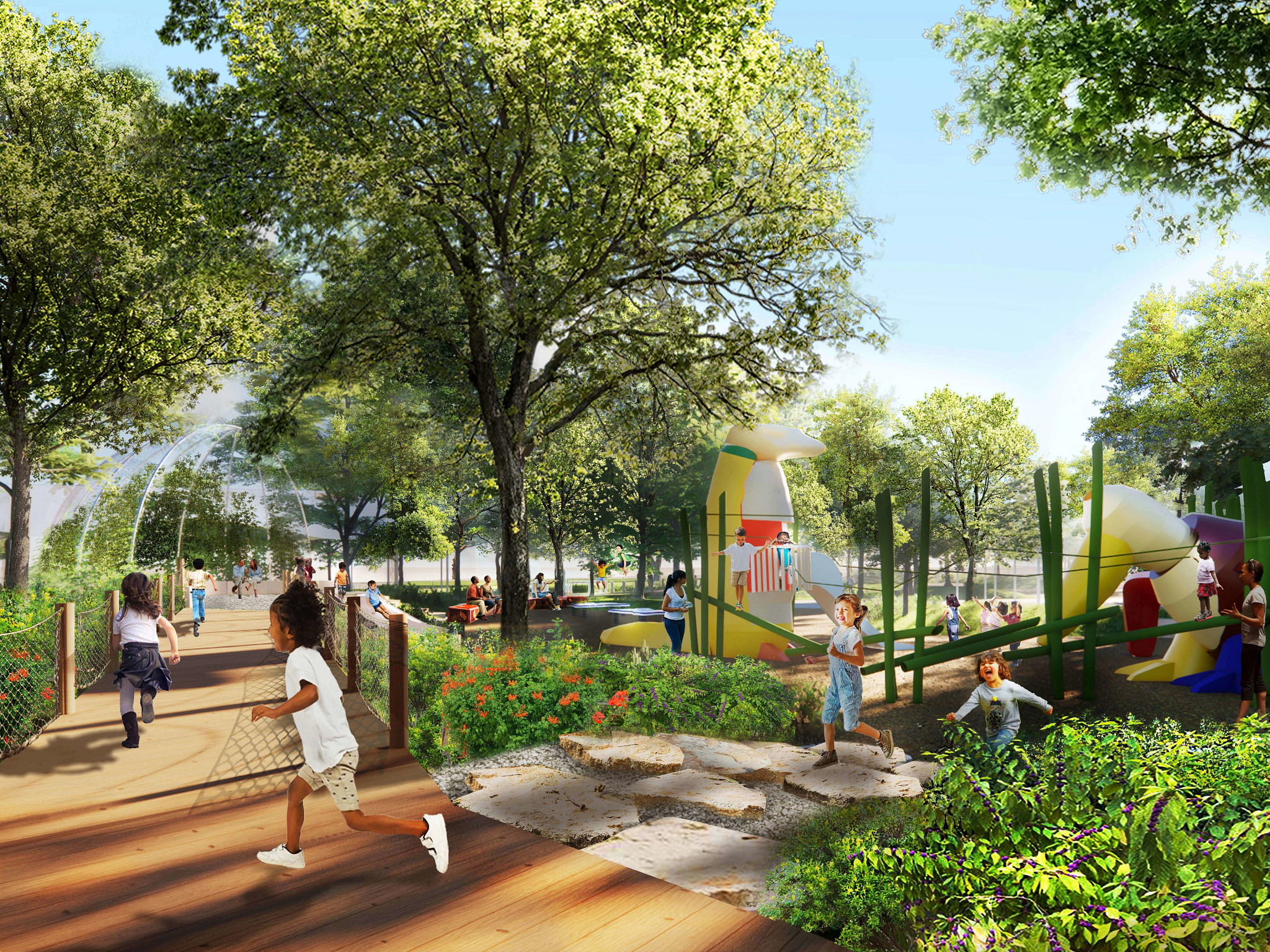 Concept rendering of the Age 2 to 5 play area with a whimsical playscape, misters, and boardwalk