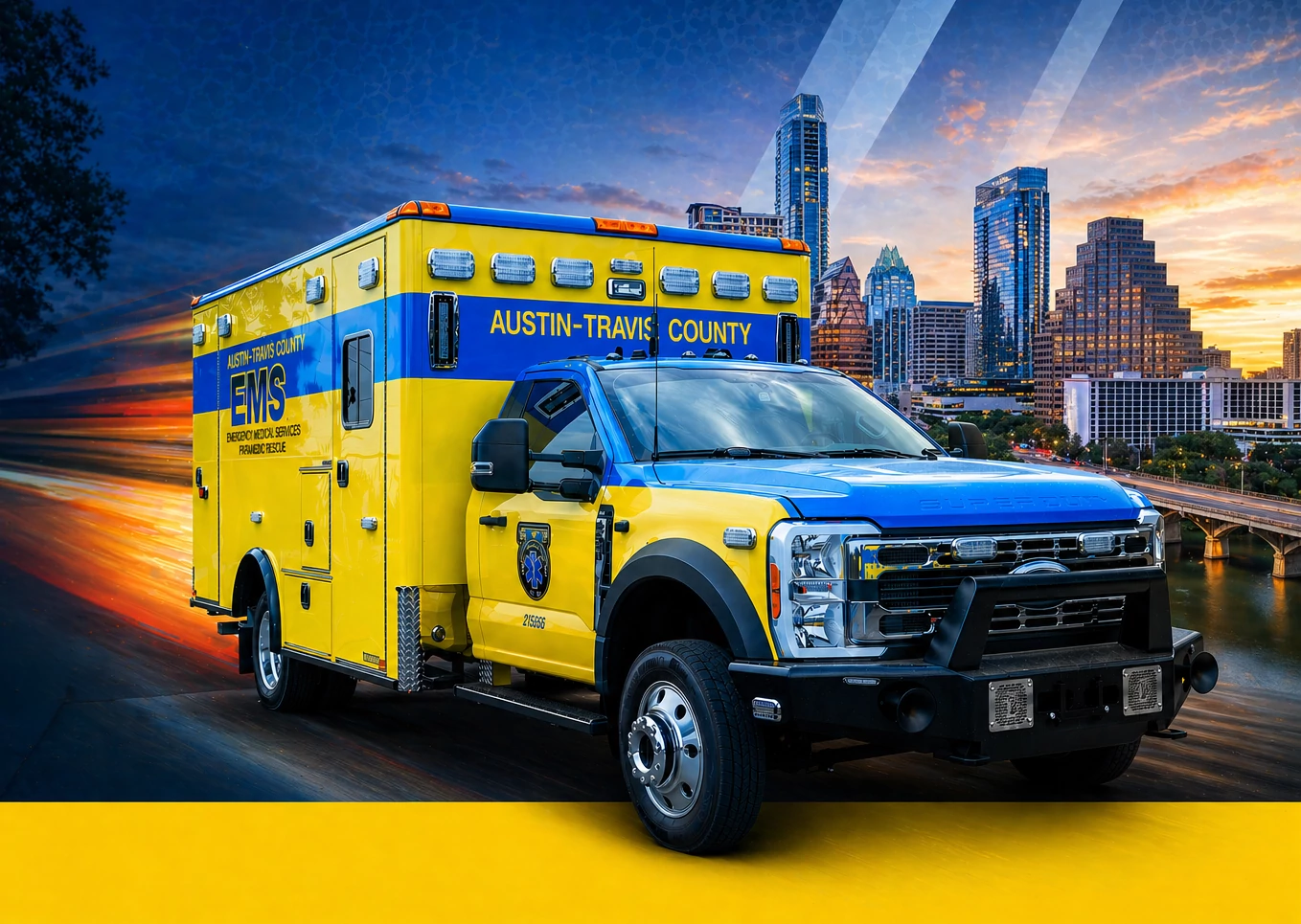 ambulance against Austin skyline