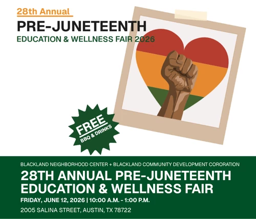 White graphic with polaroid illustration of red green and yellow heart with a fist raised up and text reading 28th annual pre juneteenth education and wellness fair 2026