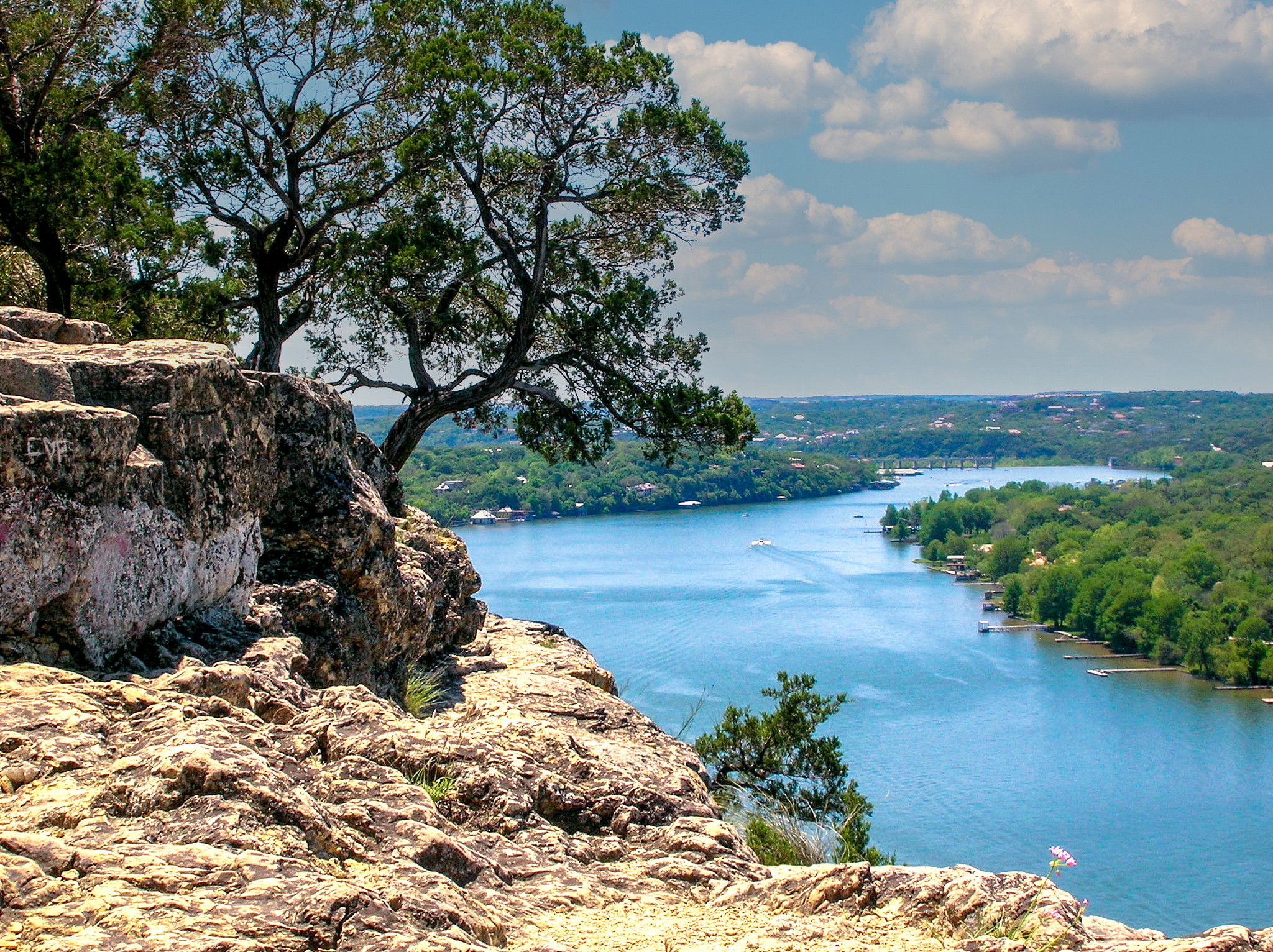 A view of Lake Austin, looking east towards the Tom Miller Dam